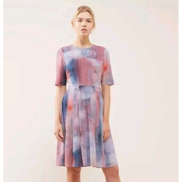 Jigsaw Pleated Silk Purple Pink Dress‎ Multicolor Art Watercolor Silk size 6 - Picture 1 of 9